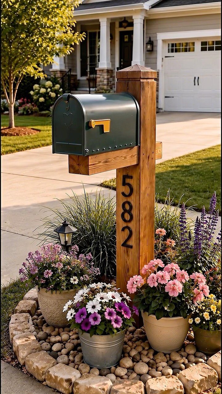 A wooden mailbox post surrounded by potted flowers and river rocks in a garden.