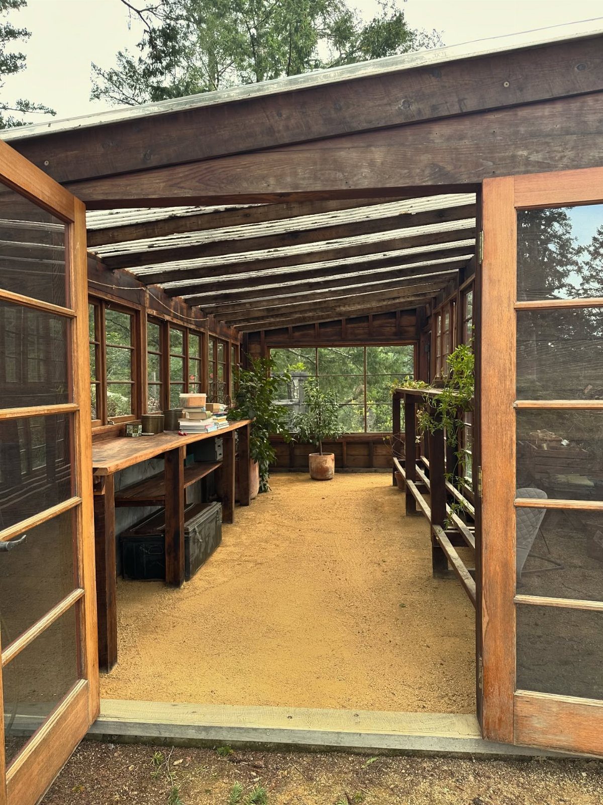 A wooden potting bench sits inside a sunlit greenhouse with potted plants and sandy flooring.