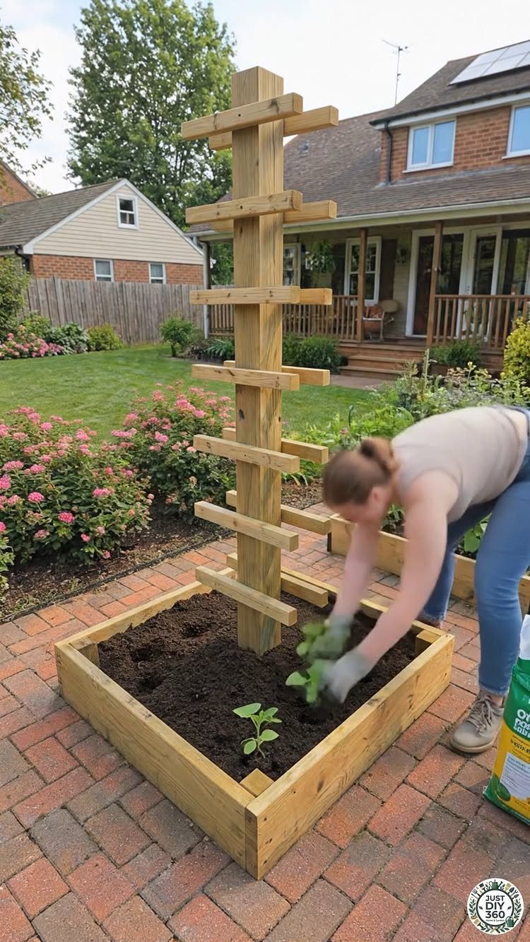 A person planting small green seedlings into a wooden raised garden bed with a tall trellis.
