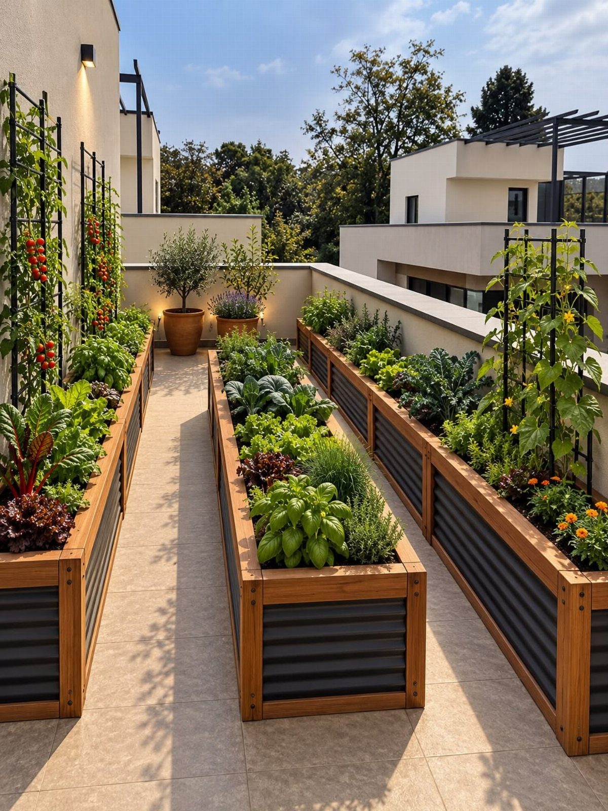 Raised Garden Layout and Design: 11 Inspiring Ideas 10 Wooden and metal raised garden beds filled with lush green vegetables on a sunny rooftop terrace.