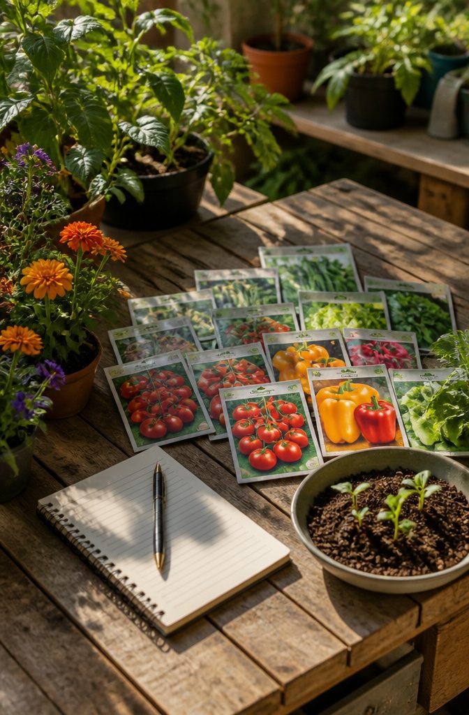 Beginner Garden Layout: A Practical Guide for New Gardeners 3 A selection of seed packets featuring tomatoes, peppers, and greens.