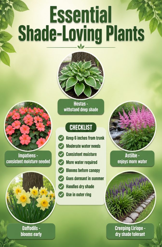How to Build a Garden Bed Around a Tree 8 A list of shade-loving plants suitable for planting around a tree.
