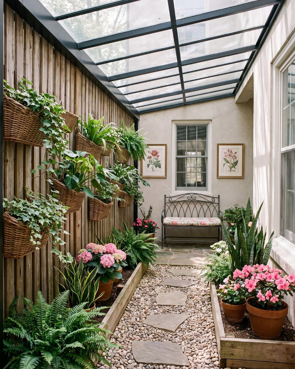 A small courtyard with a wooden wall, hanging plants, and a bench on a stone path.