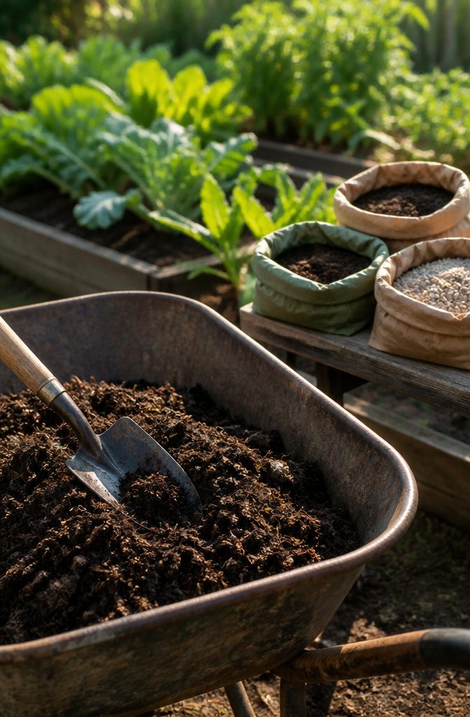 How to Start a Garden: 9 Steps to Grow Your First Plants 11 A wheelbarrow filled with rich compost and gardening amendments.