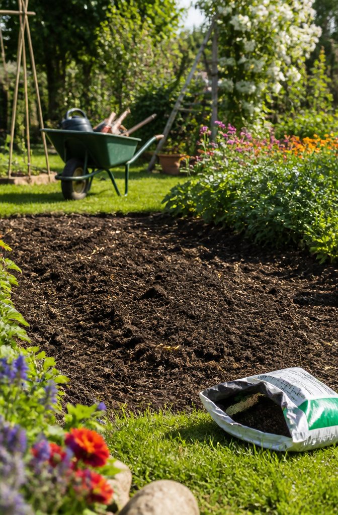 Beginner Garden Layout: A Practical Guide for New Gardeners 14 Compost spread over a garden bed, enhancing soil health.