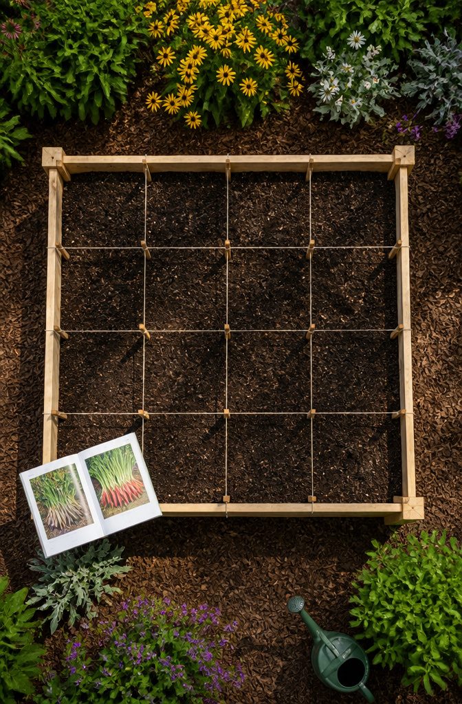 Beginner Garden Layout: A Practical Guide for New Gardeners 7 A garden bed divided into 1x1 foot squares for planting.