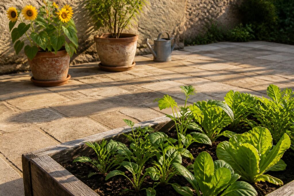 A vibrant garden with various plants growing healthily in rich soil.
