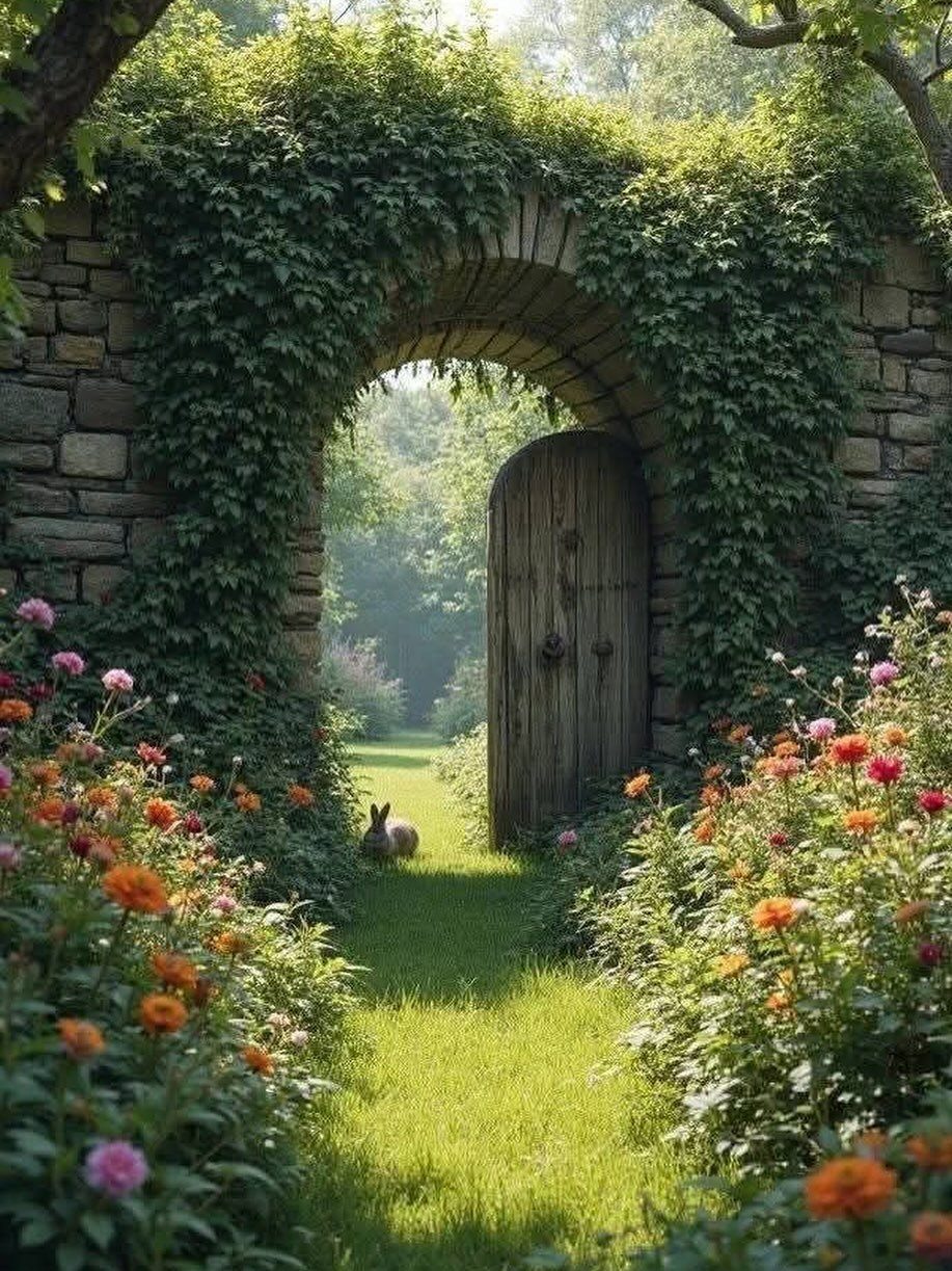 Colorful orange and pink wildflowers blooming in front of a stone archway and wooden door.
