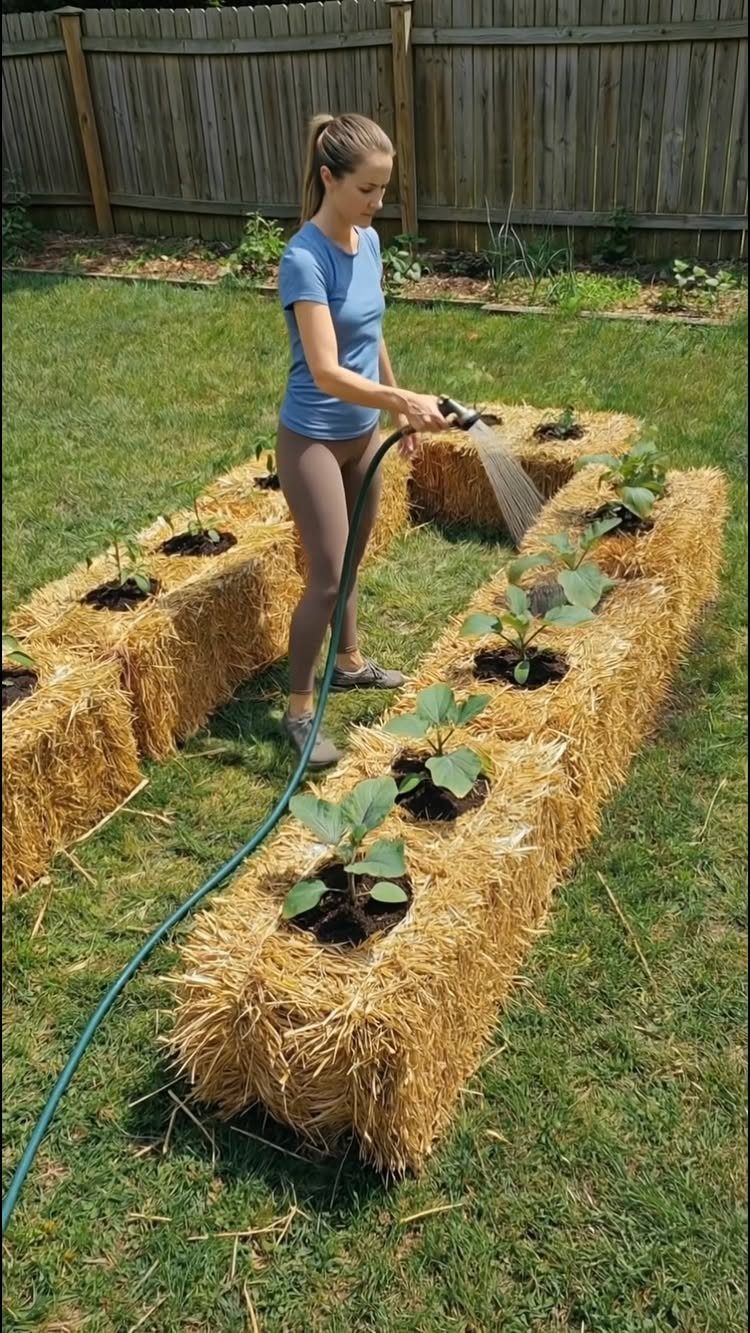 A woman watering small green plants growing in straw bale raised garden beds outdoors.