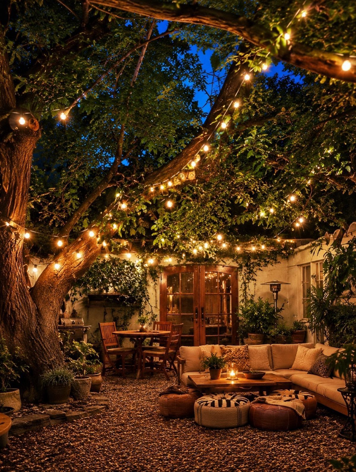 Backyard with Trees: 10 Layouts for Shade, Privacy and Outdoor Living 7 Large mature trees with glowing string lights over a cozy backyard patio seating area.