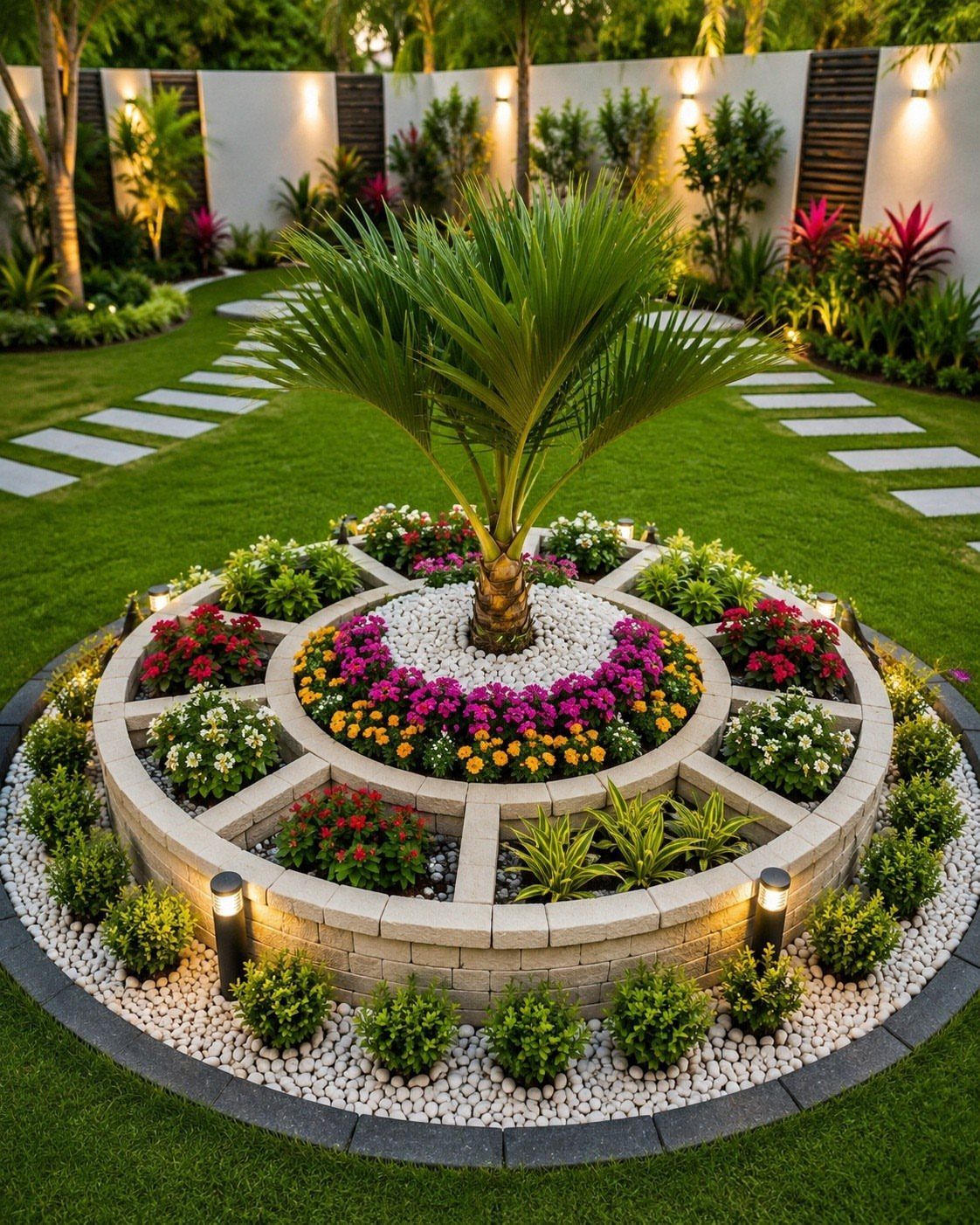 A symmetrical circular tiered stone planter filled with colorful flowers and a central palm tree.