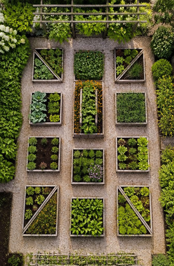 Symmetrical raised garden beds in a grid pattern with clear pathways.