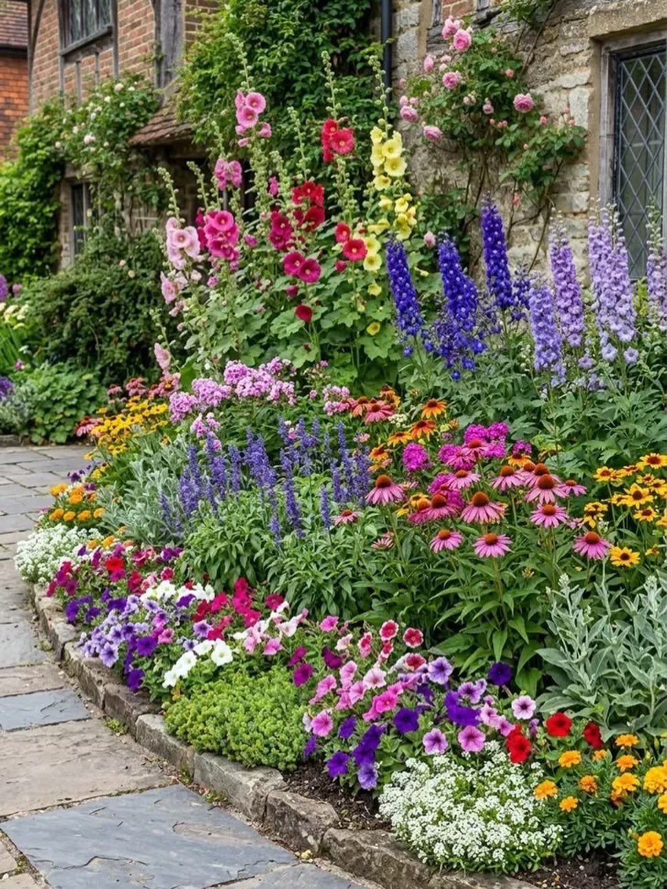 13 Cottage Garden Front Yard Ideas for Curved Paths to Climbing Roses 3 Colorful cottage garden flowers including hollyhocks and delphiniums blooming along a stone walkway.