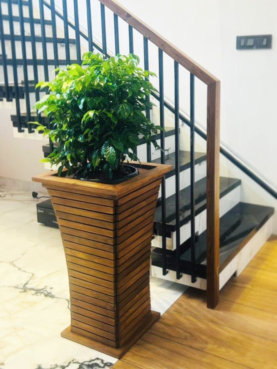 A tall tapered wooden planter with green leaves sitting next to a modern staircase.