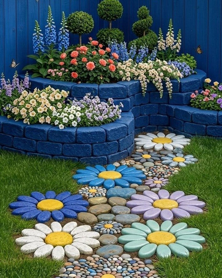 Tiered blue stone garden beds filled with colorful flowers next to a decorative stone daisy walkway.