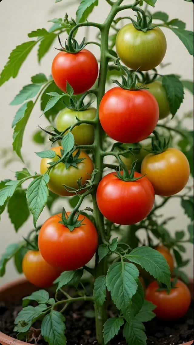 8 Easy Vegetables to Grow in Pots for Small Spaces 2 A tomato plant with several ripe red and green tomatoes growing in a pot.