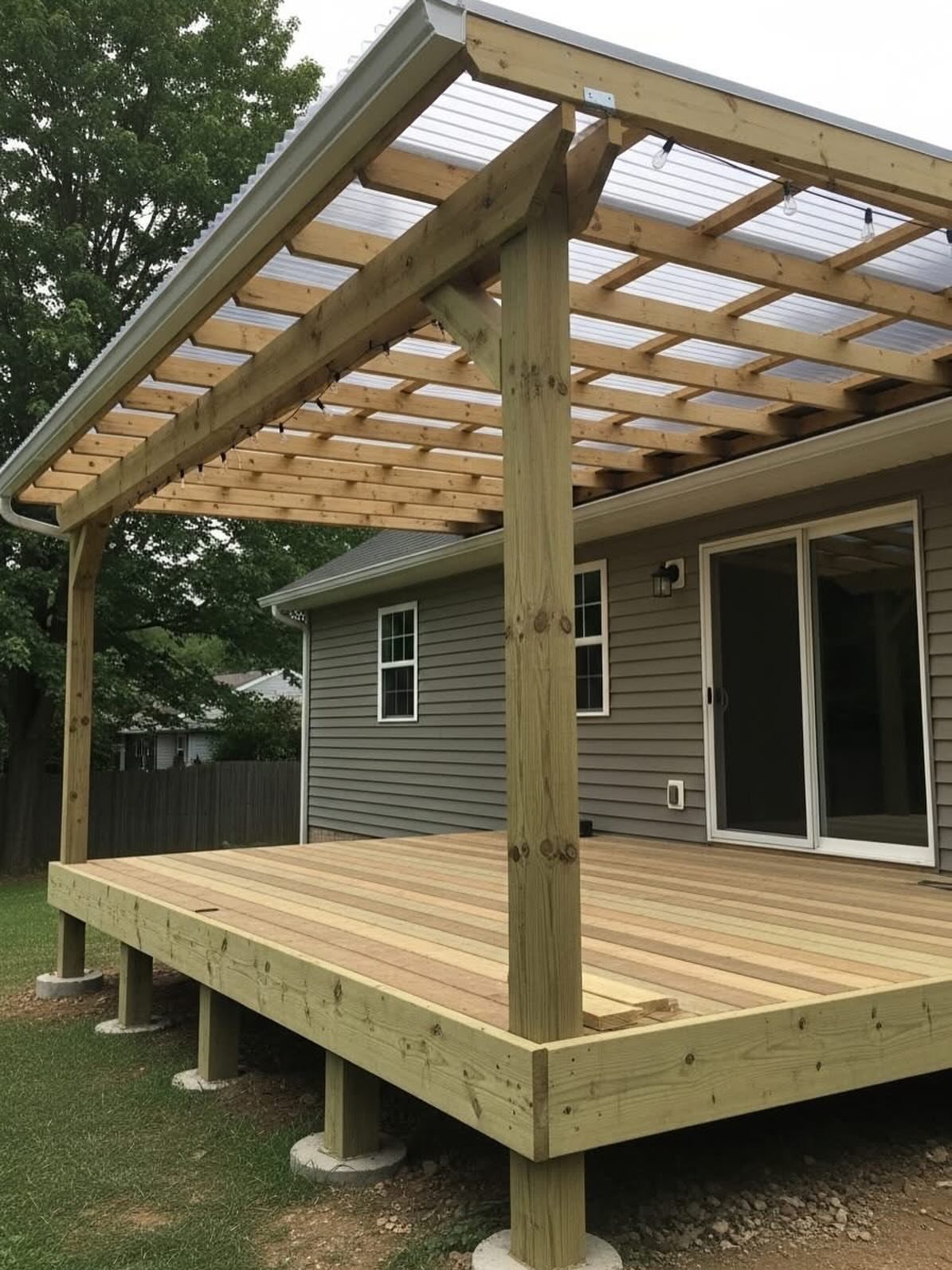 Wooden deck with a large timber structure and translucent corrugated roof attached to a house.