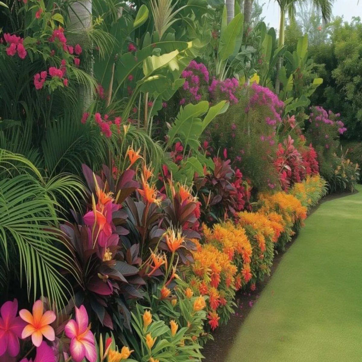 Tropical garden border with colorful flowers and large green leaves bordering a green lawn.