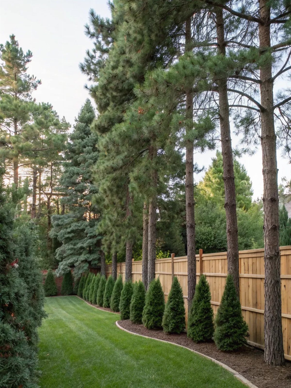 Backyard with Trees: 10 Layouts for Shade, Privacy and Outdoor Living 3 Tall evergreen trees and small conical shrubs lining a wooden fence next to a green lawn.