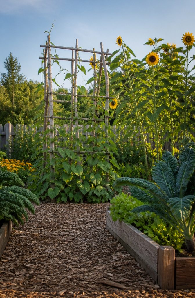 Trellises and obelisks supporting climbing plants in a garden setting.