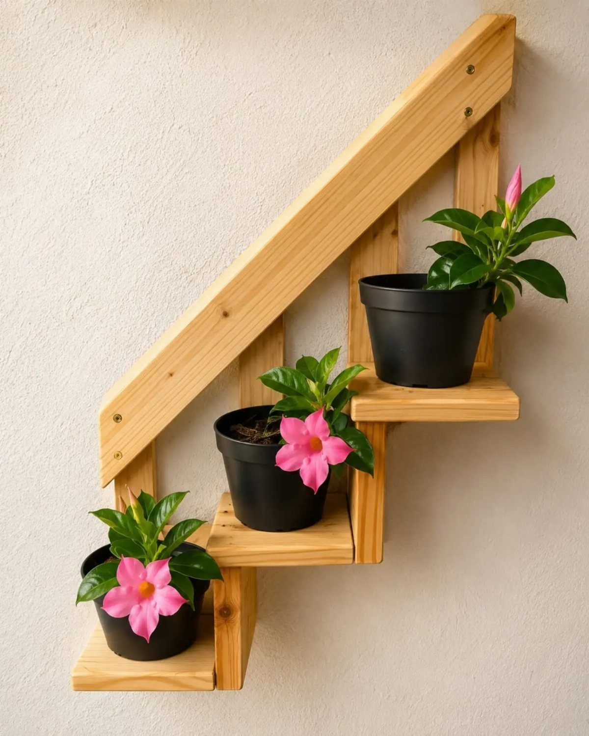 A wooden tiered wall planter holding three black pots with pink flowers against a wall.