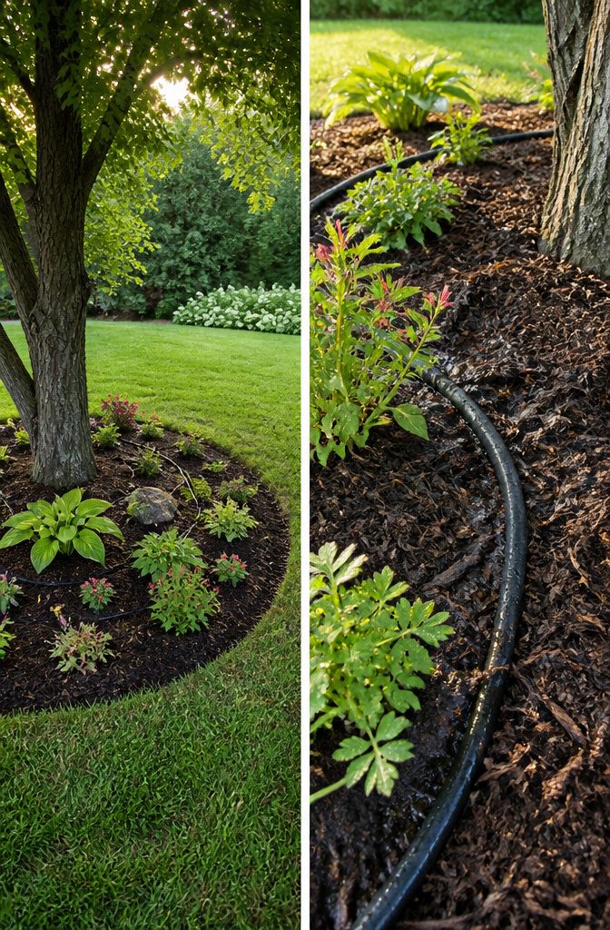 How to Build a Garden Bed Around a Tree 4 A soaker hose is placed in a garden bed around a tree.