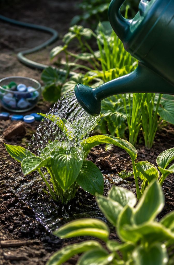How to Start a Garden: 9 Steps to Grow Your First Plants 12 A watering can pouring water at the base of garden plants.