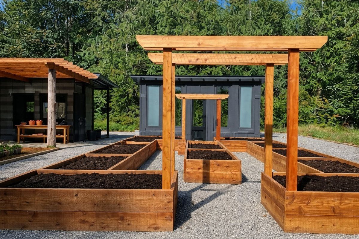 Wooden raised garden beds filled with dark soil sit on a gravel area near a pergola.